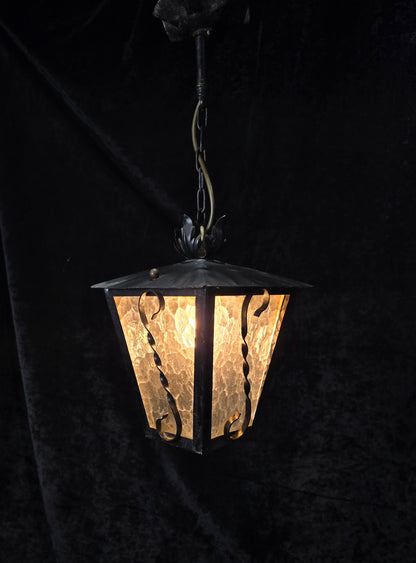 Lovely Vintage French Wrought Iron Gothic Patterned Glass Lantern Light