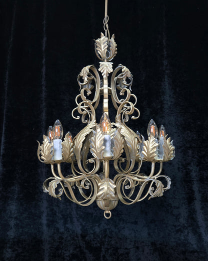 Stunning Heavy Large 8 Arm Wrought Iron Gilded Italian Chandelier Ceiling Light