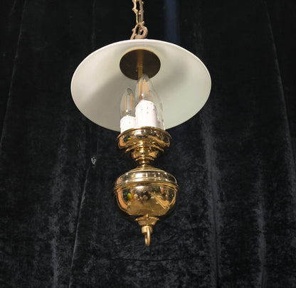 Unique Vintage Milk Glass Brass Bouillotte Oil Lamp Style 3 Light Chandelier