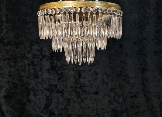 Beautiful Vintage French 3 Tier 3 Light Brass Crystal Waterfall Flush Mount