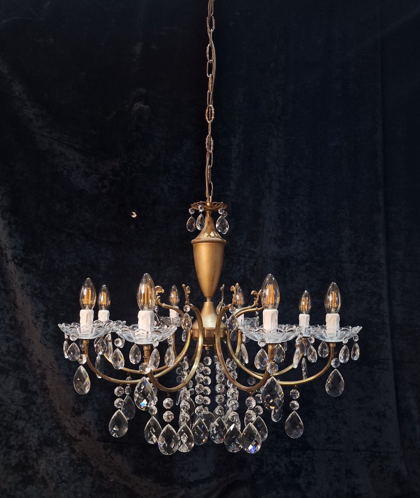 Fabulous Vintage Italian 8 Arm Brass and Crystal Leaf Chandelier Ceiling Light