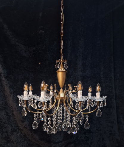 Fabulous Vintage Italian 8 Arm Brass and Crystal Leaf Chandelier Ceiling Light