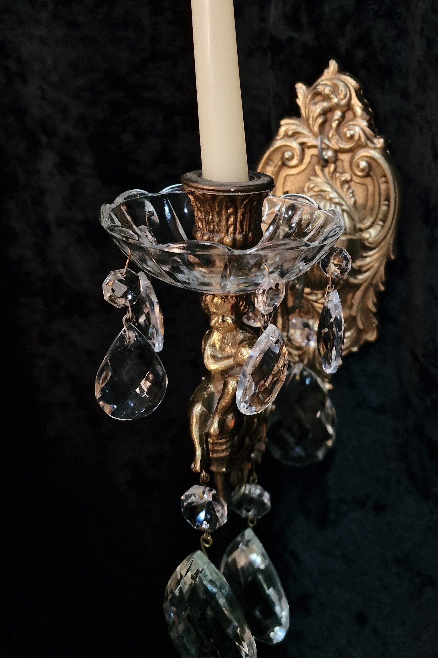 Fabulous Pair Italian Vintage Candle Cherub Brass Crystal Wall Sconces Lights
