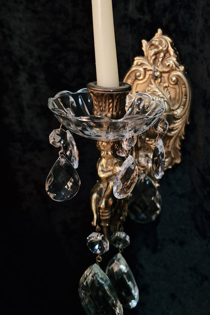 Fabulous Pair Italian Vintage Candle Cherub Brass Crystal Wall Sconces Lights