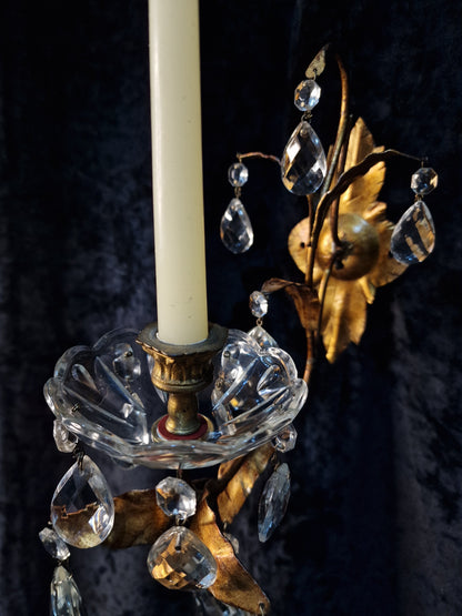 Stunning Pair Vintage Italian 1 Arm Florentine Toleware Candle Crystal Sconces
