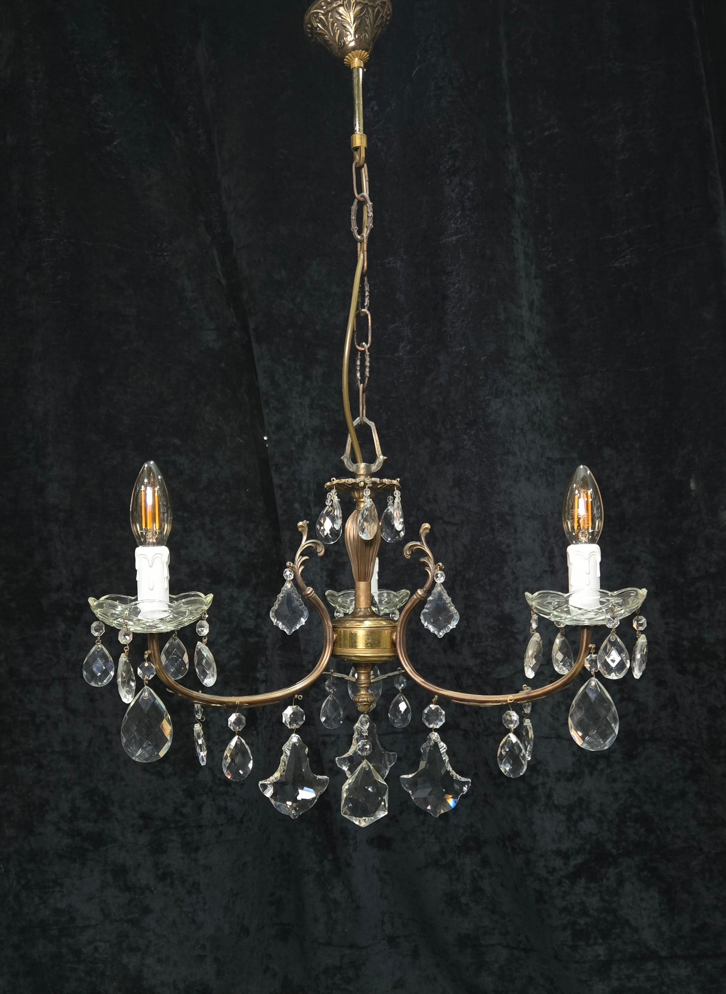 Lovely Vintage Italian 3 Arm Brass Foliage Crystal Chandelier Ceiling Light