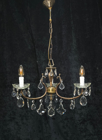 Lovely Vintage Italian 3 Arm Brass Foliage Crystal Chandelier Ceiling Light