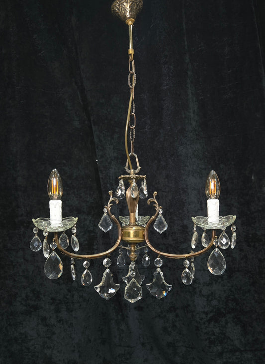 Lovely Vintage Italian 3 Arm Brass Foliage Crystal Chandelier Ceiling Light