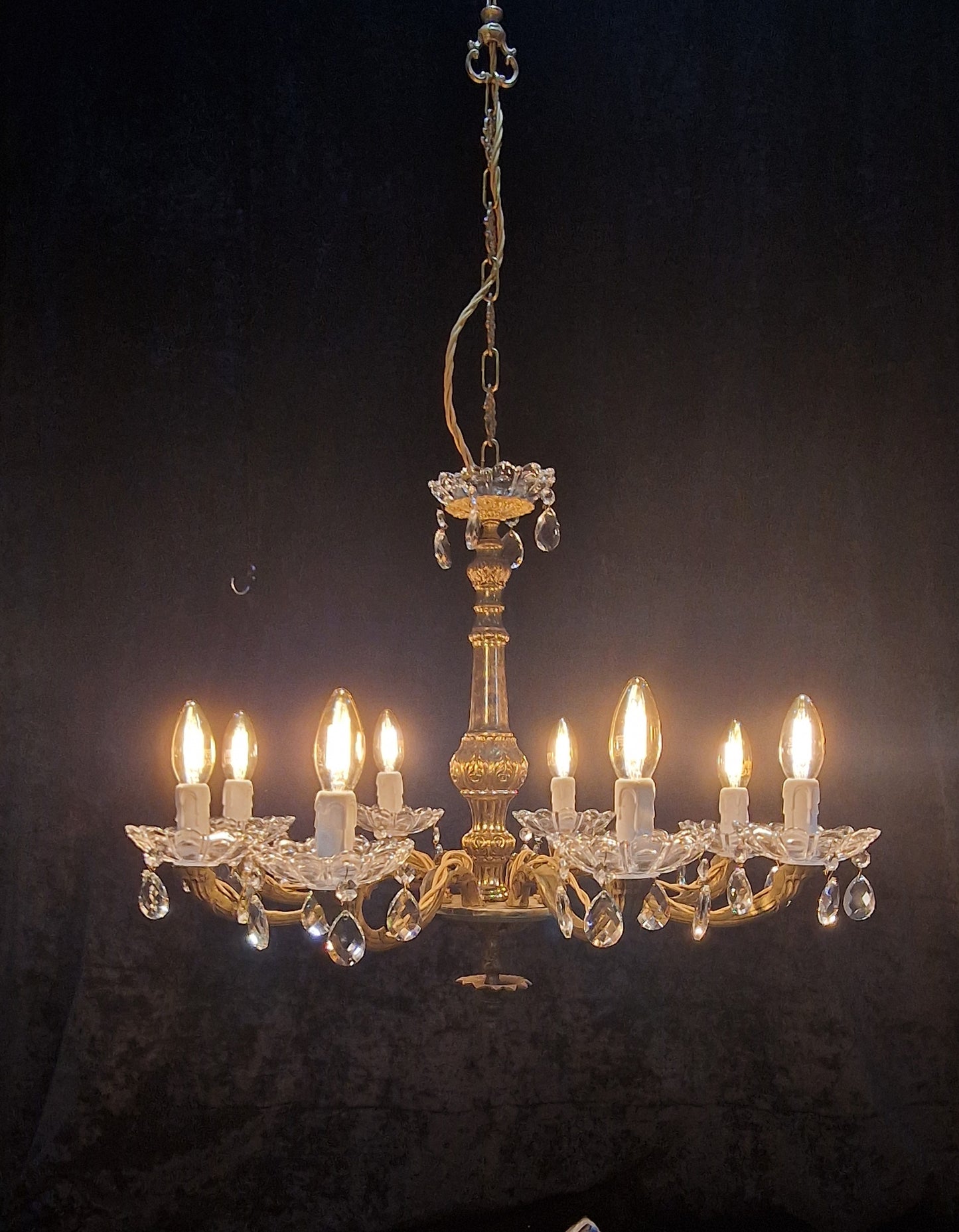 Gorgeous Vintage French Heavy Brass 8 Arm Crystal Chandelier Ceiling Light