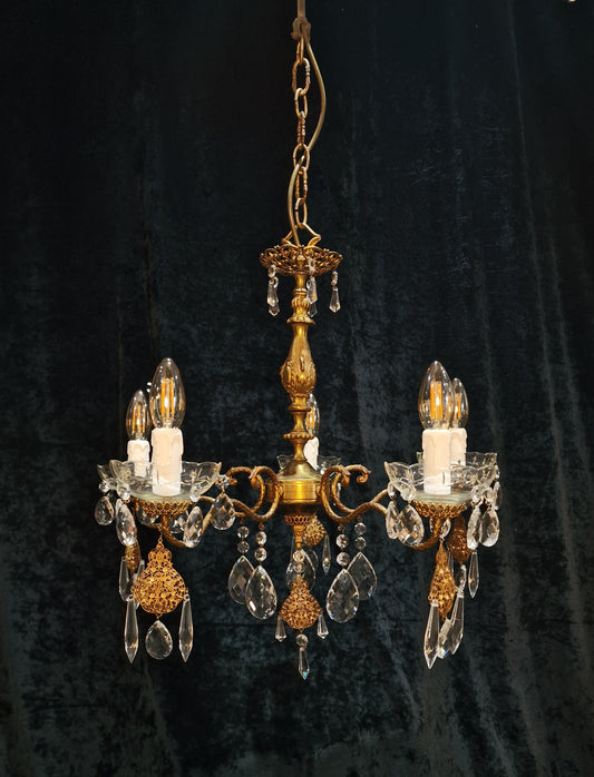 Elegant Vintage Italian 5 Arm Brass Crystal Leaf Chandelier Ceiling Light