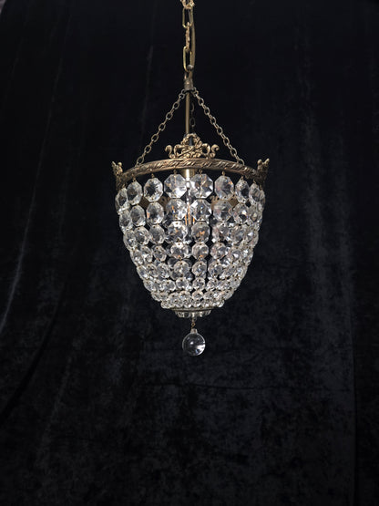 Beautiful Antique French Crystal Bag Brass and Bows Chandelier Ceiling Light