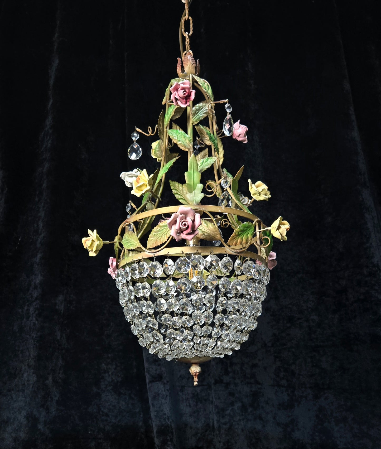 Beautiful Vintage Florentine Italian 1 Light Crystal Roses Toleware Chandelier