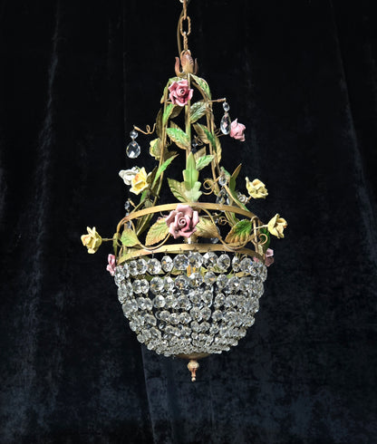 Beautiful Vintage Florentine Italian 1 Light Crystal Roses Toleware Chandelier