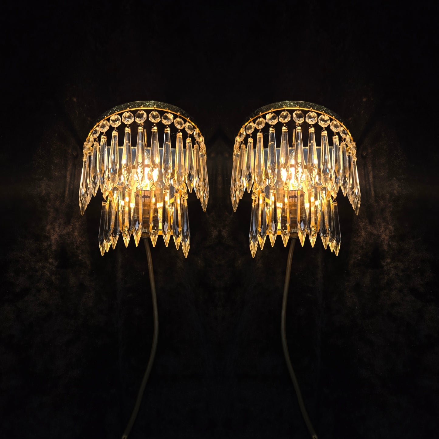 Lovely Pair Antique French 1 Light Crystal Brass Waterfall Mirror Wall Sconces