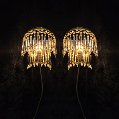 Lovely Pair Antique French 1 Light Crystal Brass Waterfall Mirror Wall Sconces
