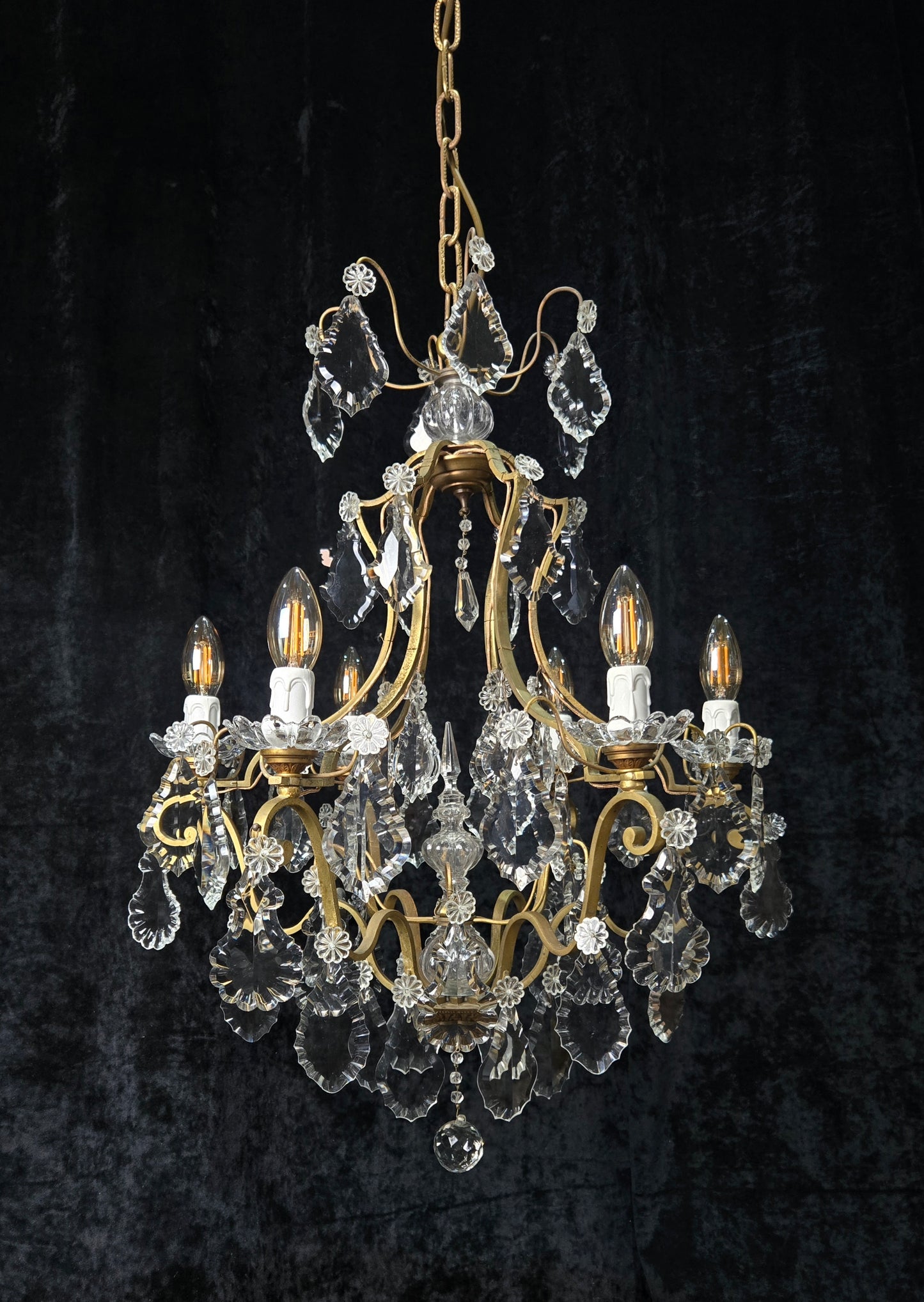 Classical Antique French 6 Arm Caged Bronze Crystal Chandelier Ceiling Light
