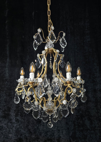Classical Antique French 6 Arm Caged Bronze Crystal Chandelier Ceiling Light
