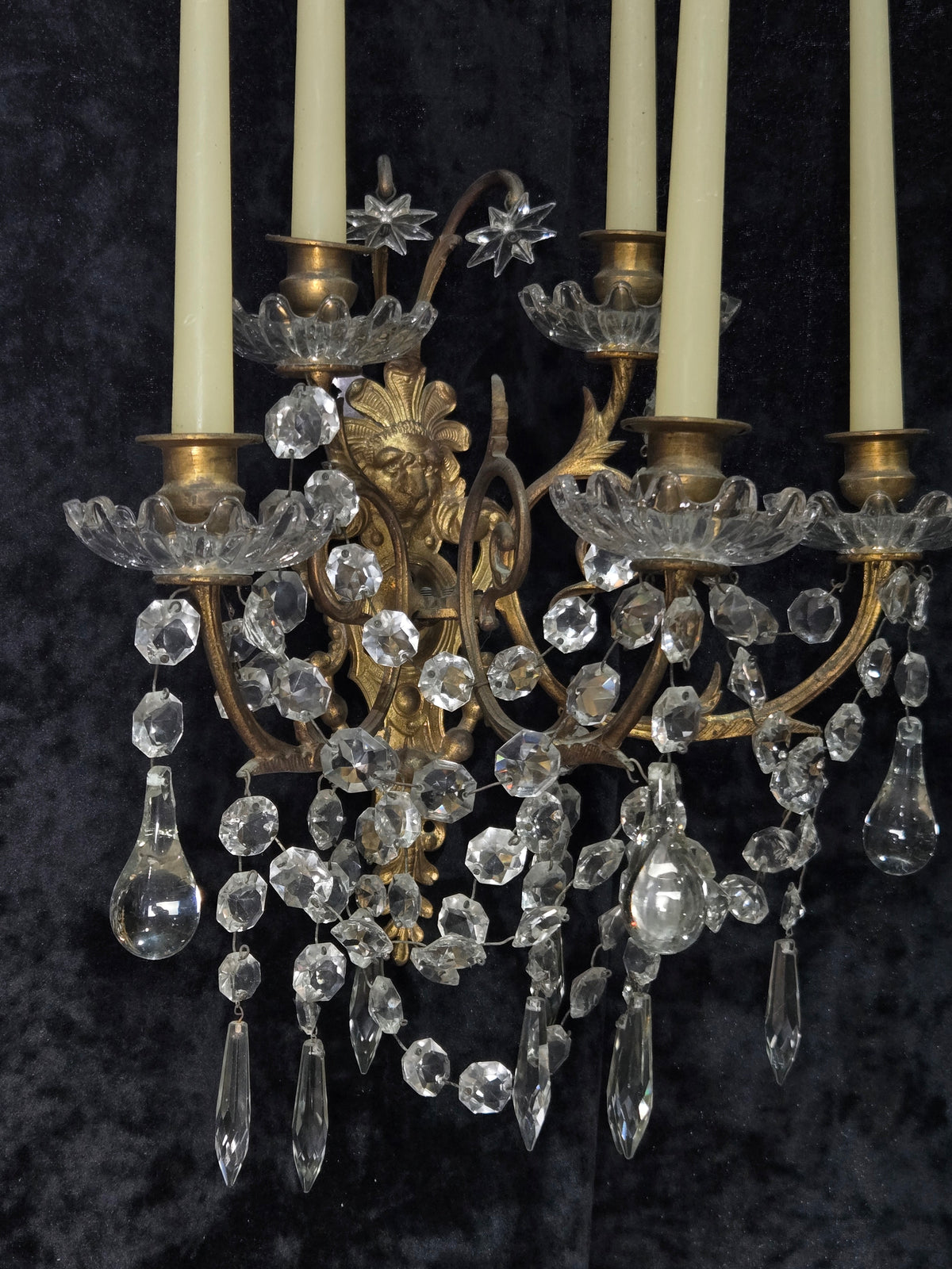 Rare Large Pair 1800s Antique Original Porteiux France Brass Candle Wall Lights
