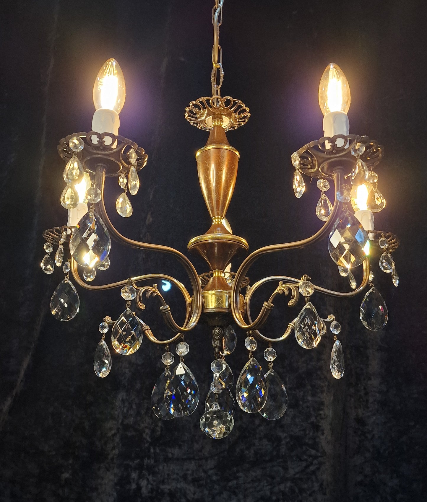 Beautiful Vintage Italian 5 Arm Brass Crystal Chandelier Ceiling Light