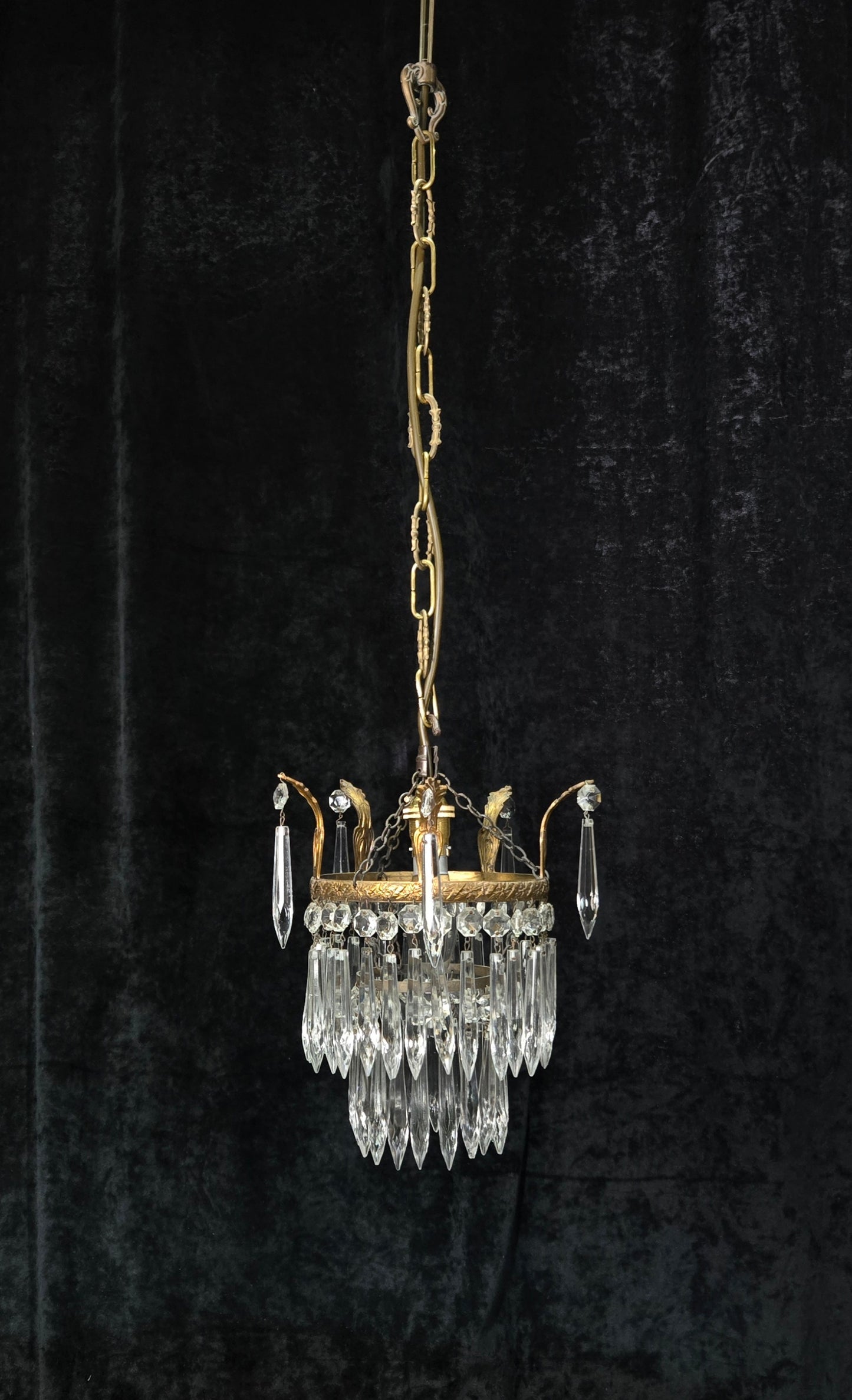 Beautiful Antique French Crystal Waterfall Brass Leaf Chandelier Ceiling Light