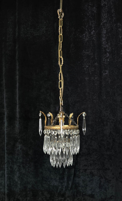 Beautiful Antique French Crystal Waterfall Brass Leaf Chandelier Ceiling Light