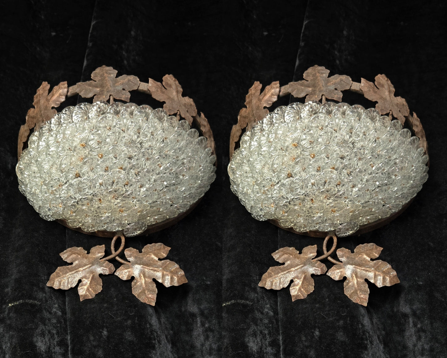 Fabulous Pair Vintage French Iron Murano Glass Basket Leaf Wall Lights Sconces