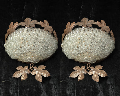 Fabulous Pair Vintage French Iron Murano Glass Basket Leaf Wall Lights Sconces