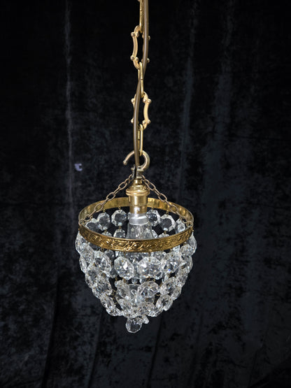 Petite Vintage French Crystal Half Bag Brass Leaf Chandelier Ceiling Light