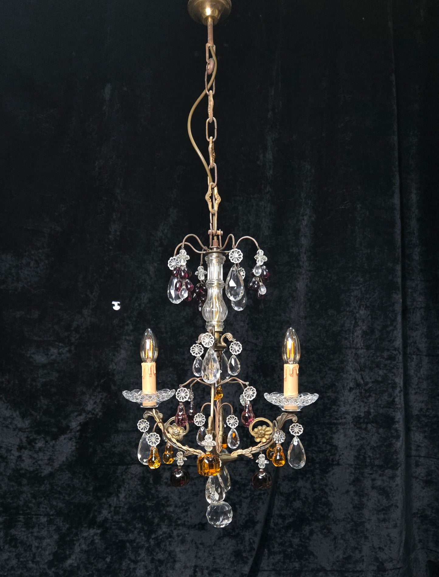 Exquisite Antique French 2 Arm Caged Murano Crystal Brass Chandelier Light