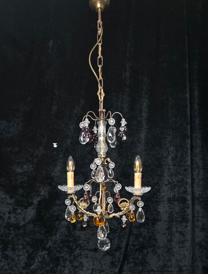 Exquisite Antique French 2 Arm Caged Murano Crystal Brass Chandelier Light