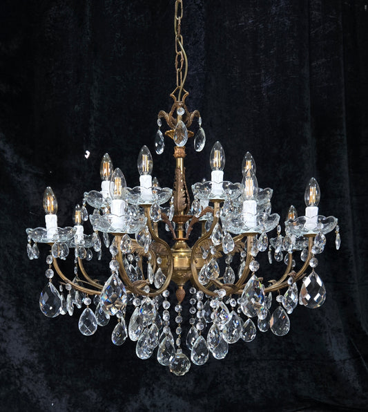 Fabulous Large Vintage Italian Heavy 8 Arm 16 Light Brass Crystal Chandelier