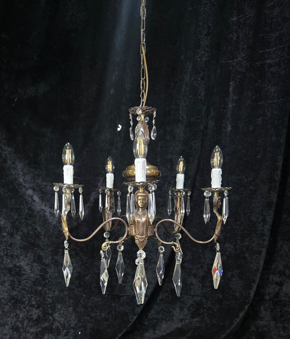 Classical Vintage Italian 5 Arm Crystal Brass Lady Figures Chandelier Light