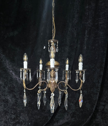 Classical Vintage Italian 5 Arm Crystal Brass Lady Figures Chandelier Light