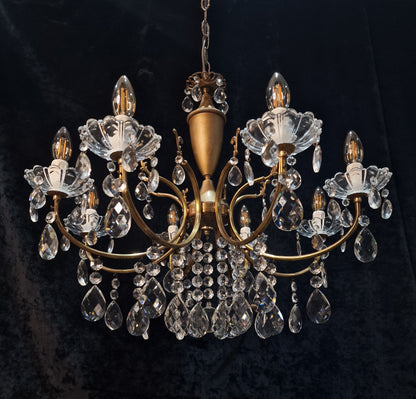 Fabulous Vintage Italian 8 Arm Brass and Crystal Leaf Chandelier Ceiling Light
