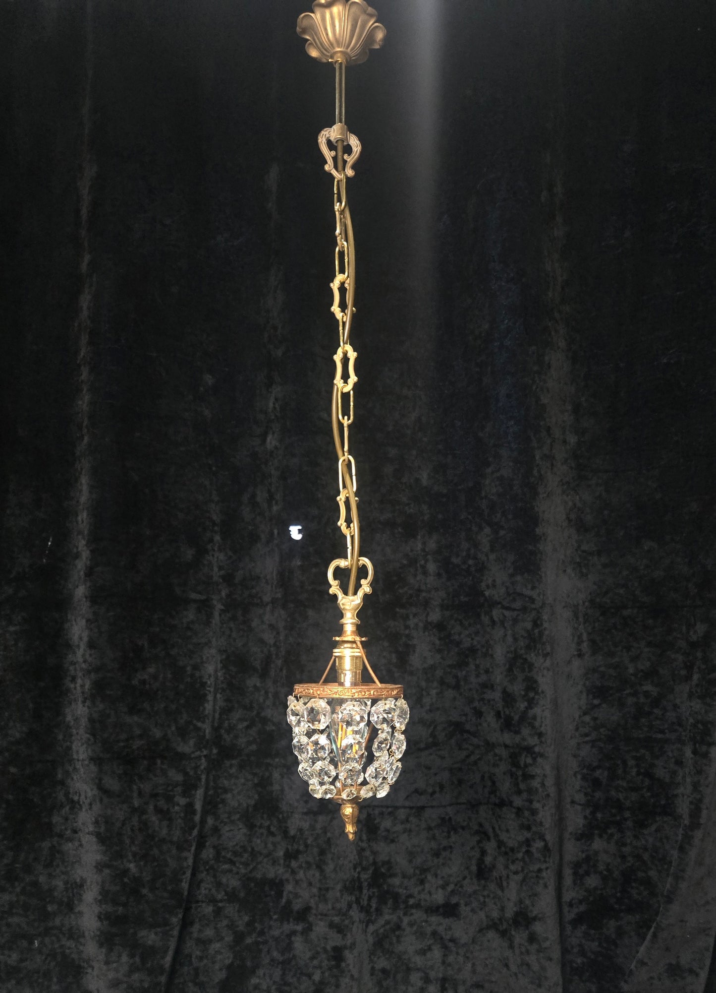 Petite Vintage French Crystal Half Bag Brass 1 Light Chandelier Ceiling Light