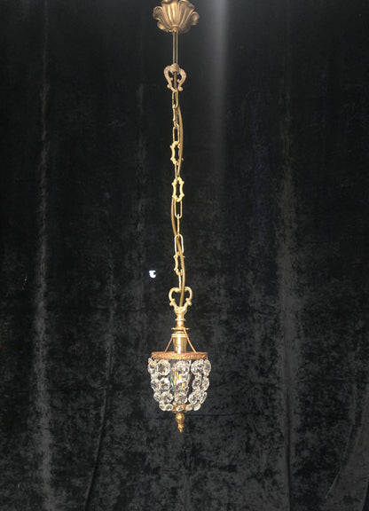 Petite Vintage French Crystal Half Bag Brass 1 Light Chandelier Ceiling Light