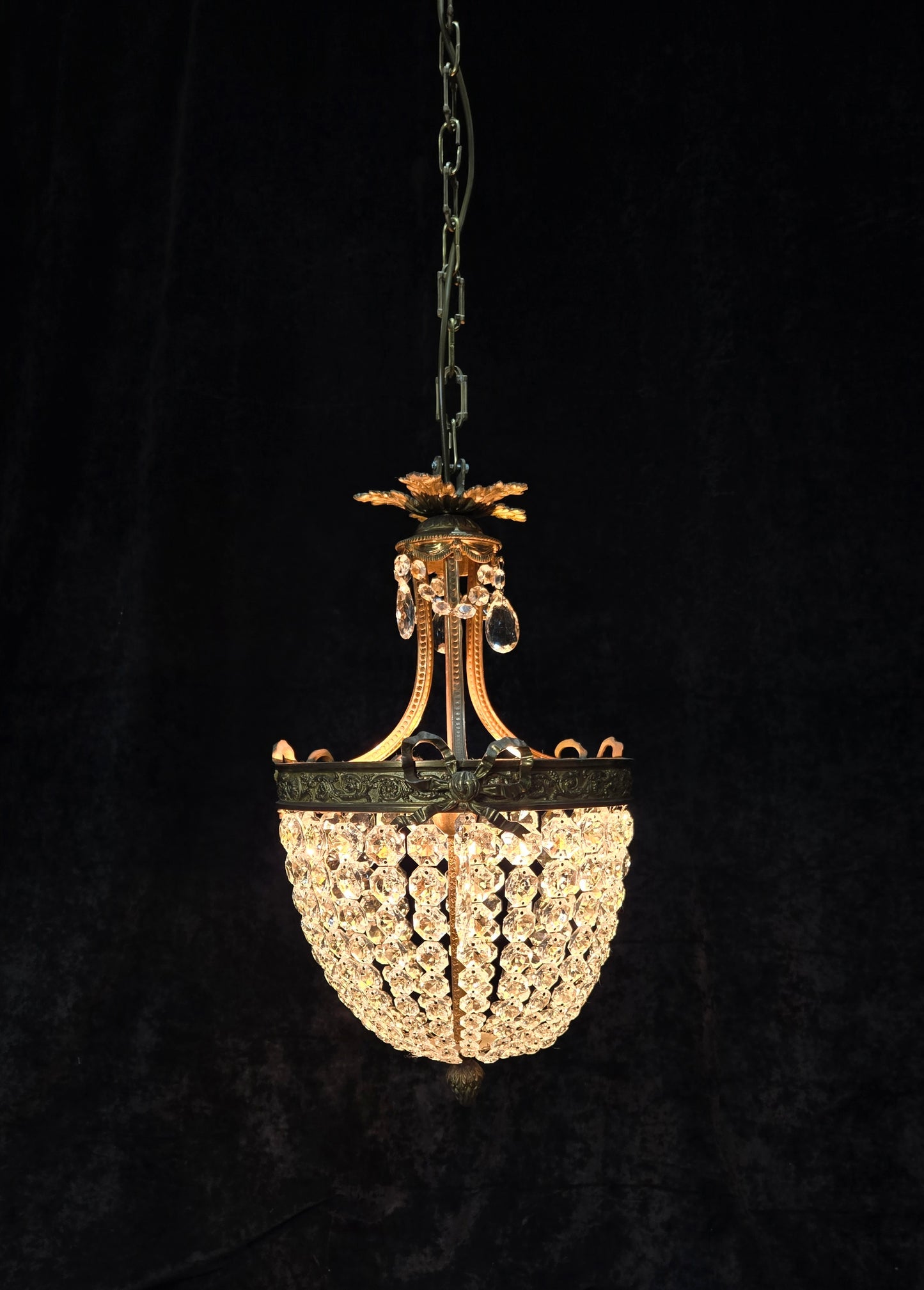 Traditional Antique French 3 Light Brass Bronze Crystal Empire Chandelier