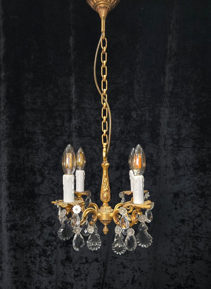 Beautiful Antique Petite French 4 Arm Bronze Brass Crystal Chandelier Light
