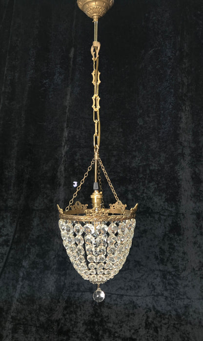 Beautiful Antique French Crystal Bag Brass and Bows Chandelier Ceiling Light