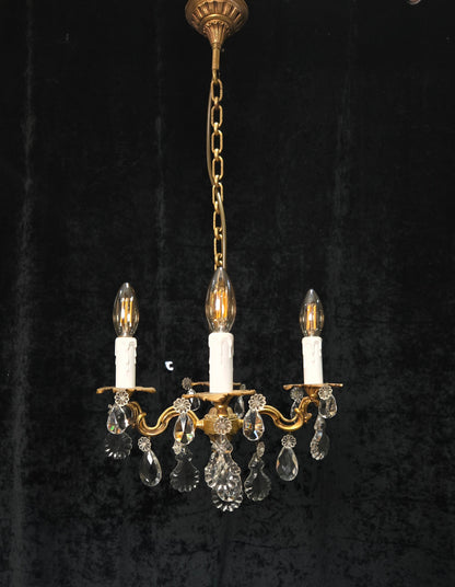 Beautiful Antique Petite French 4 Arm Bronze Brass Crystal Chandelier Light