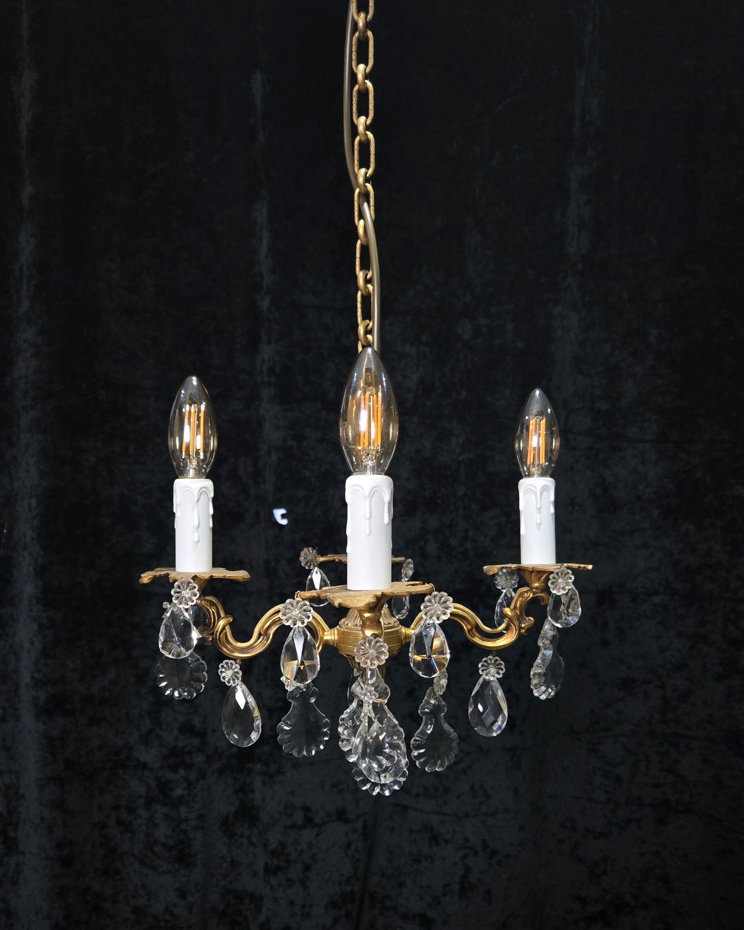 Beautiful Antique Petite French 4 Arm Bronze Brass Crystal Chandelier Light