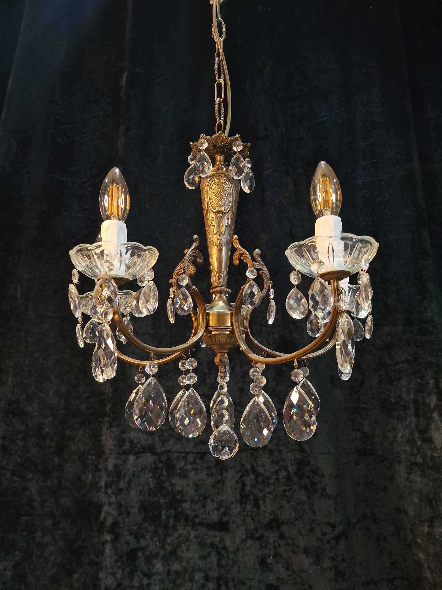 Lovely Elegant Vintage Italian 5 Arm Brass Crystal Chandelier Ceiling Light