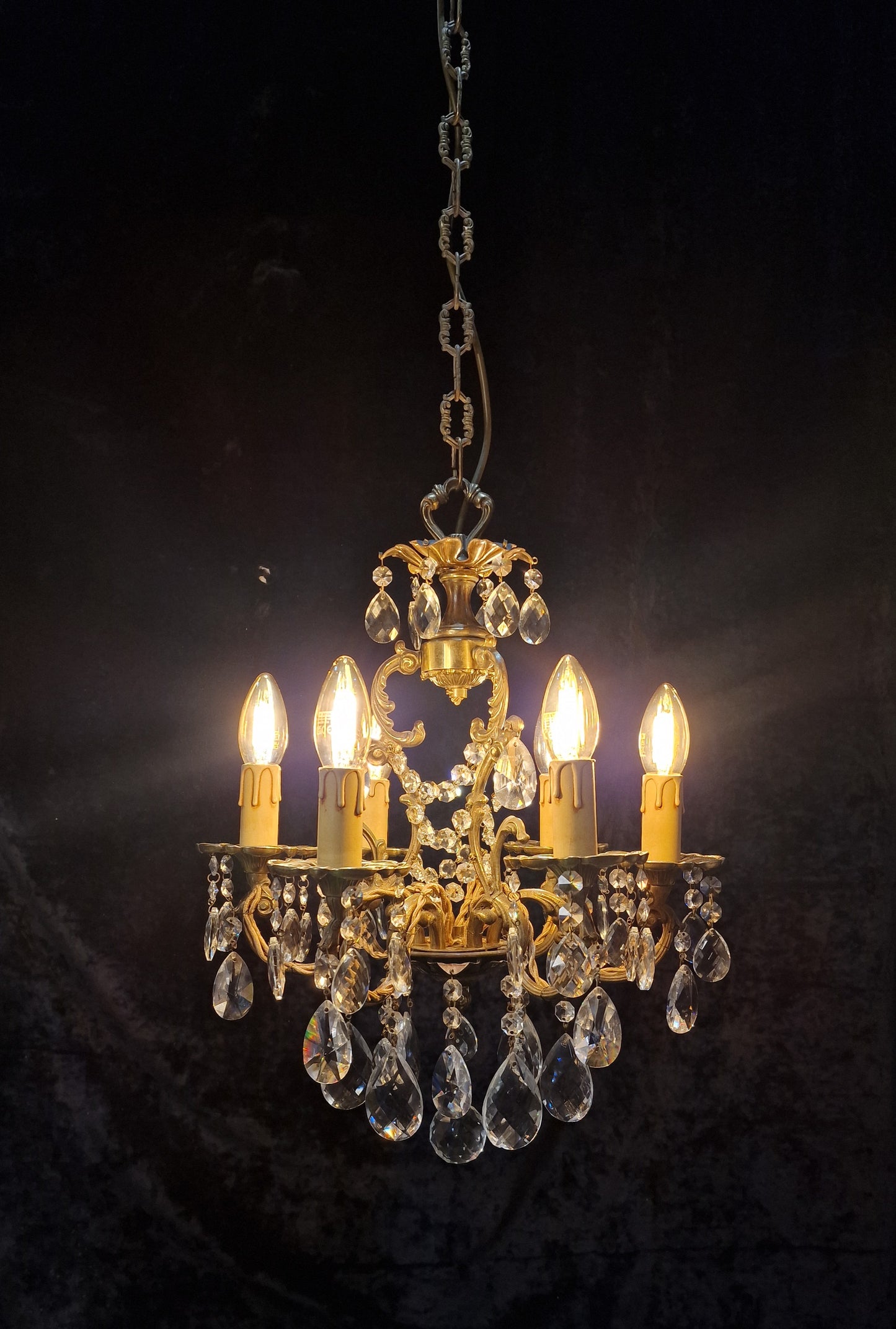 Beautiful Vintage French 6 Arm Brass Caged Crystal Chandelier Ceiling Light