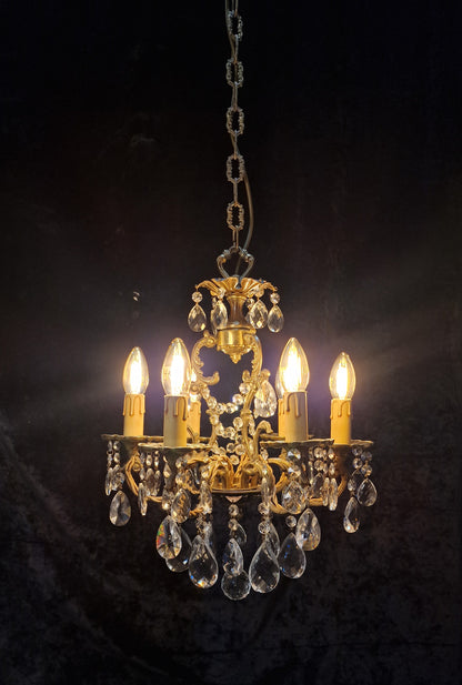 Beautiful Vintage French 6 Arm Brass Caged Crystal Chandelier Ceiling Light