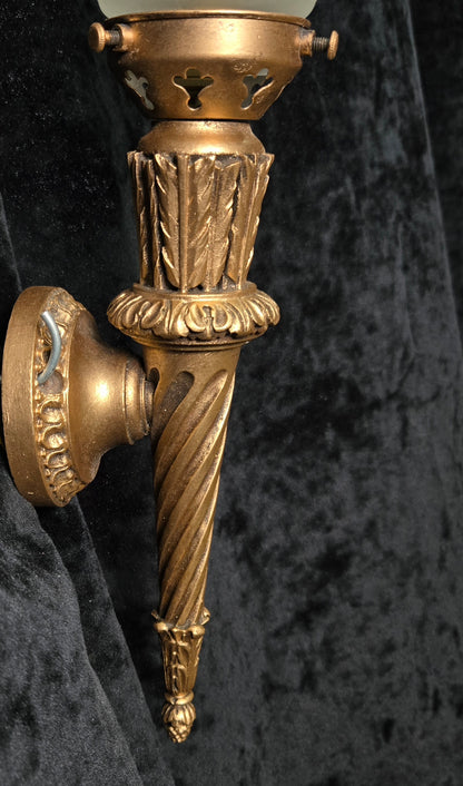 Decorative Pair Vintage Italian Gilded Torchere Wall Lights Sconces Flame Shades