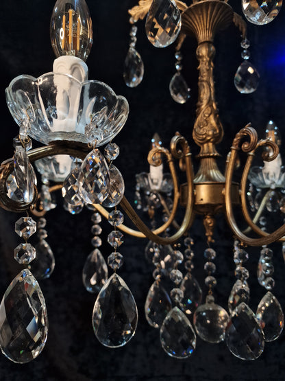 Fabulous Antique French 6 Arm Heavy Brass Crystal Leaf Chandelier Ceiling Light