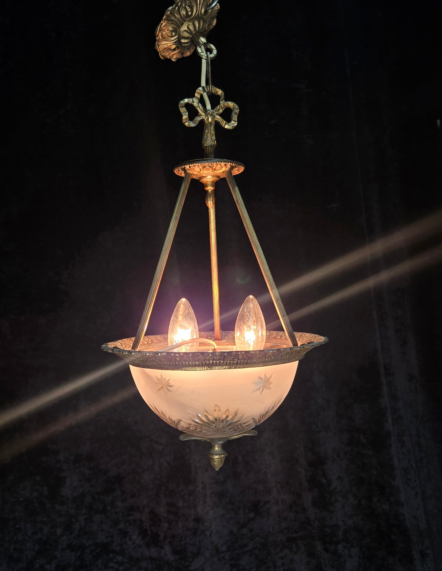 Lovely Vintage Brass Cut Glass Starburst 2 Light Spanish Lantern Chandelier