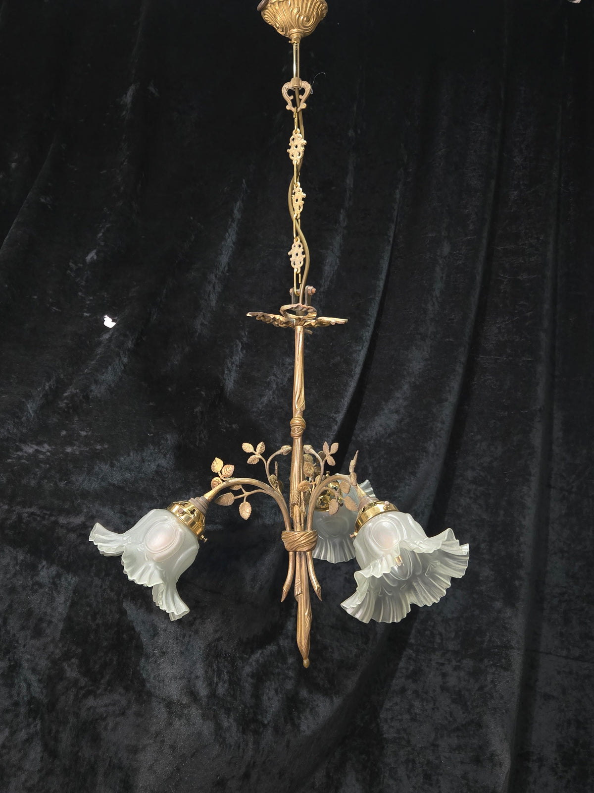 Gorgeous Antique French Brass 3 Arm Floral Chandelier Ceiling Light with Shades
