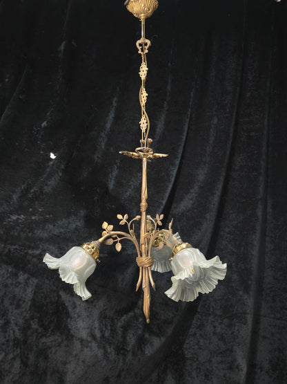 Gorgeous Antique French Brass 3 Arm Floral Chandelier Ceiling Light with Shades