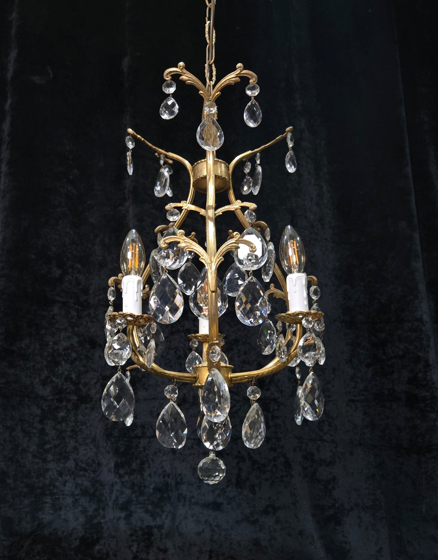 Beautiful Vintage Italian 3 Arm Brass Crystal Cage Chandelier Ceiling Light